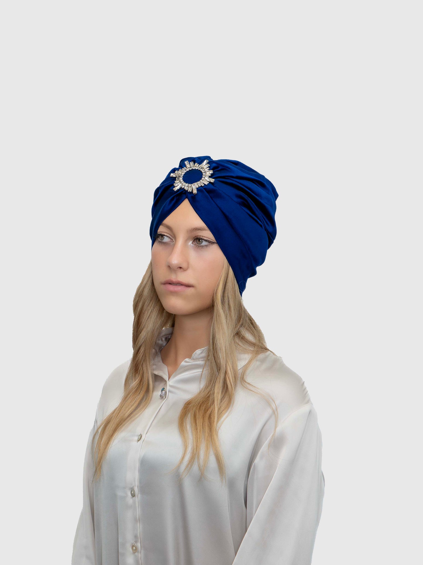 Saphir - Turban satin de soie & élasthanne (Finition à la main)