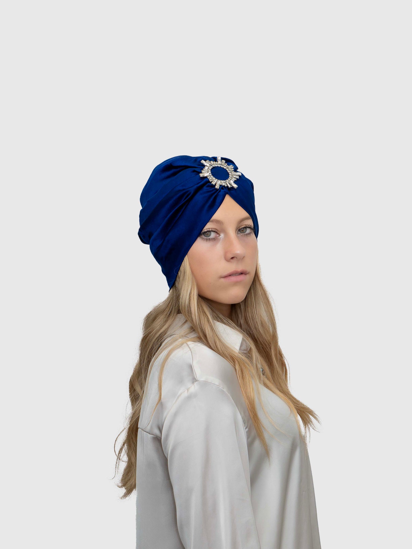 Saphir - Turban satin de soie & élasthanne (Finition à la main)