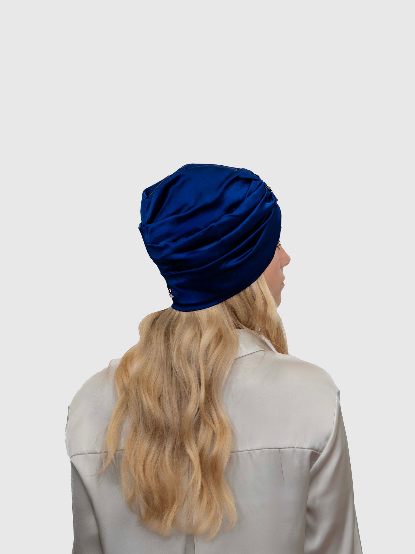 Saphir - Turban satin de soie & élasthanne (Finition à la main)