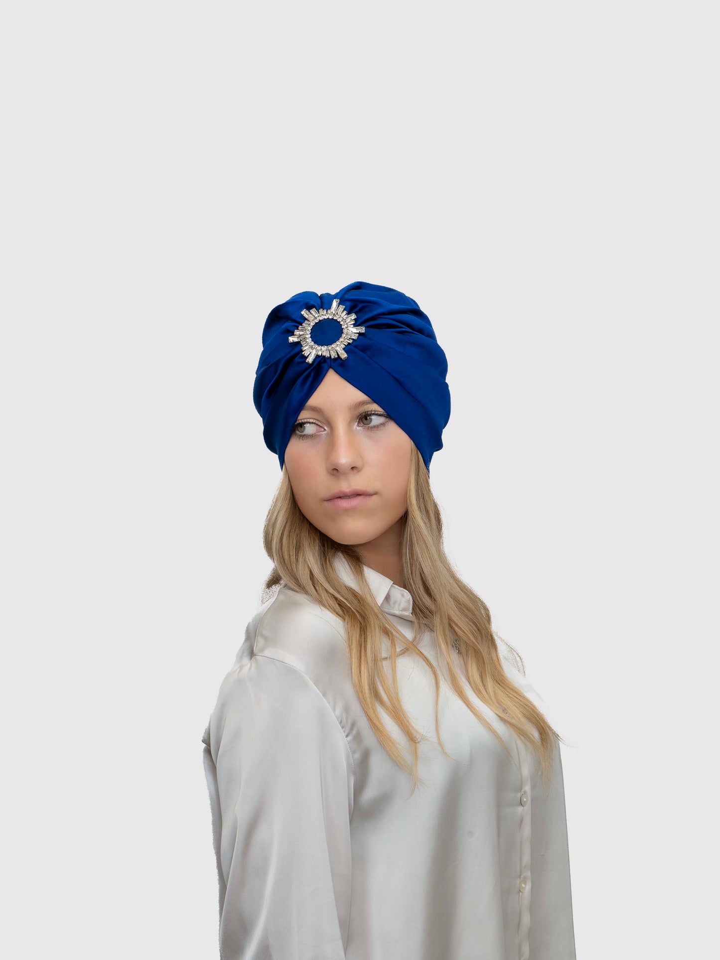 Saphir - Turban satin de soie & élasthanne (Finition à la main)