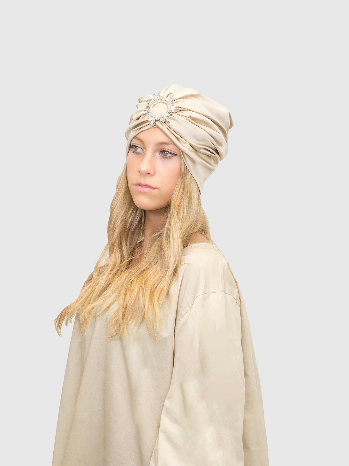 Saphir - Turban satin de soie & élasthanne (Finition à la main)