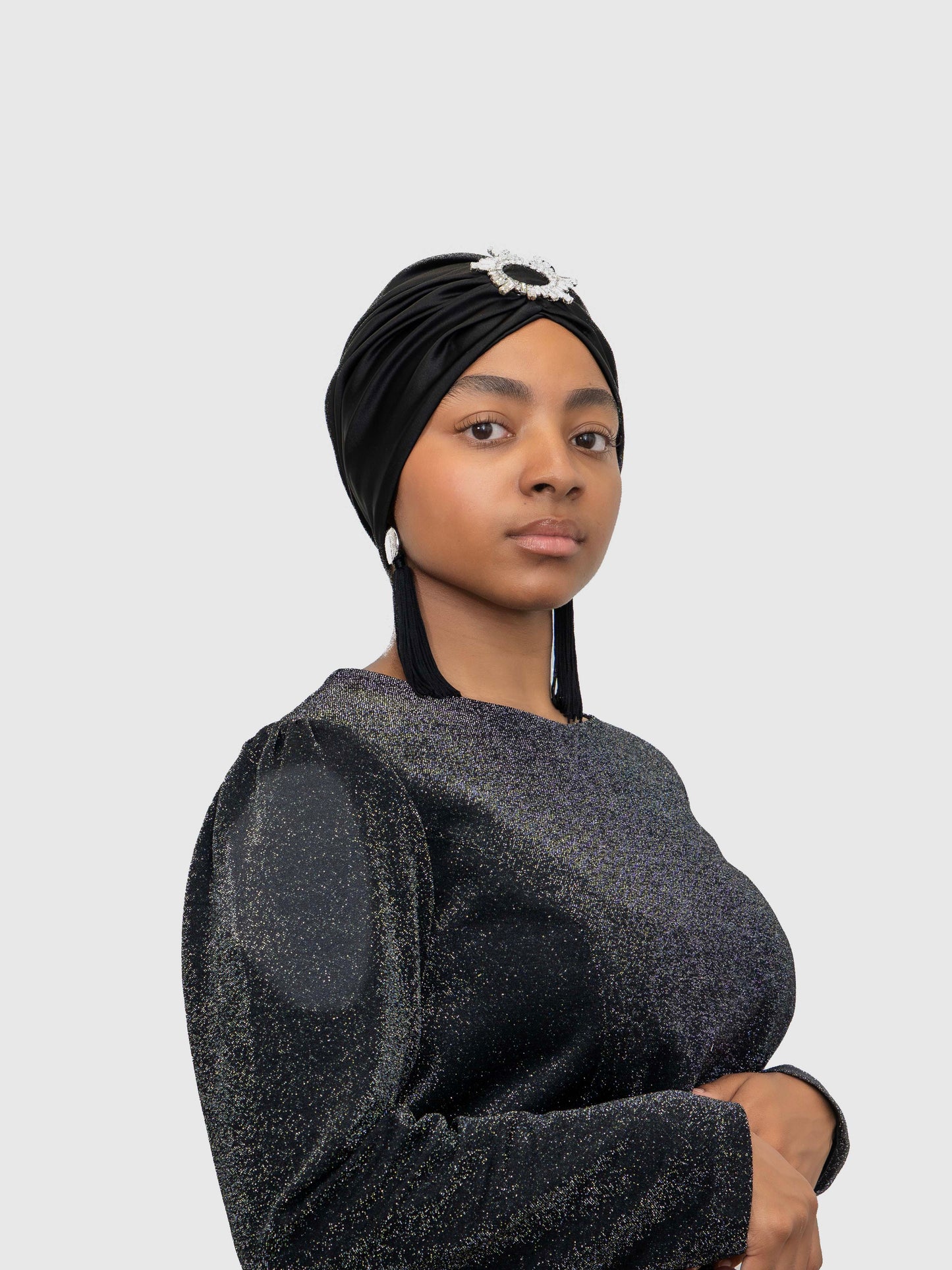 Saphir - Turban satin de soie & élasthanne (Finition à la main)